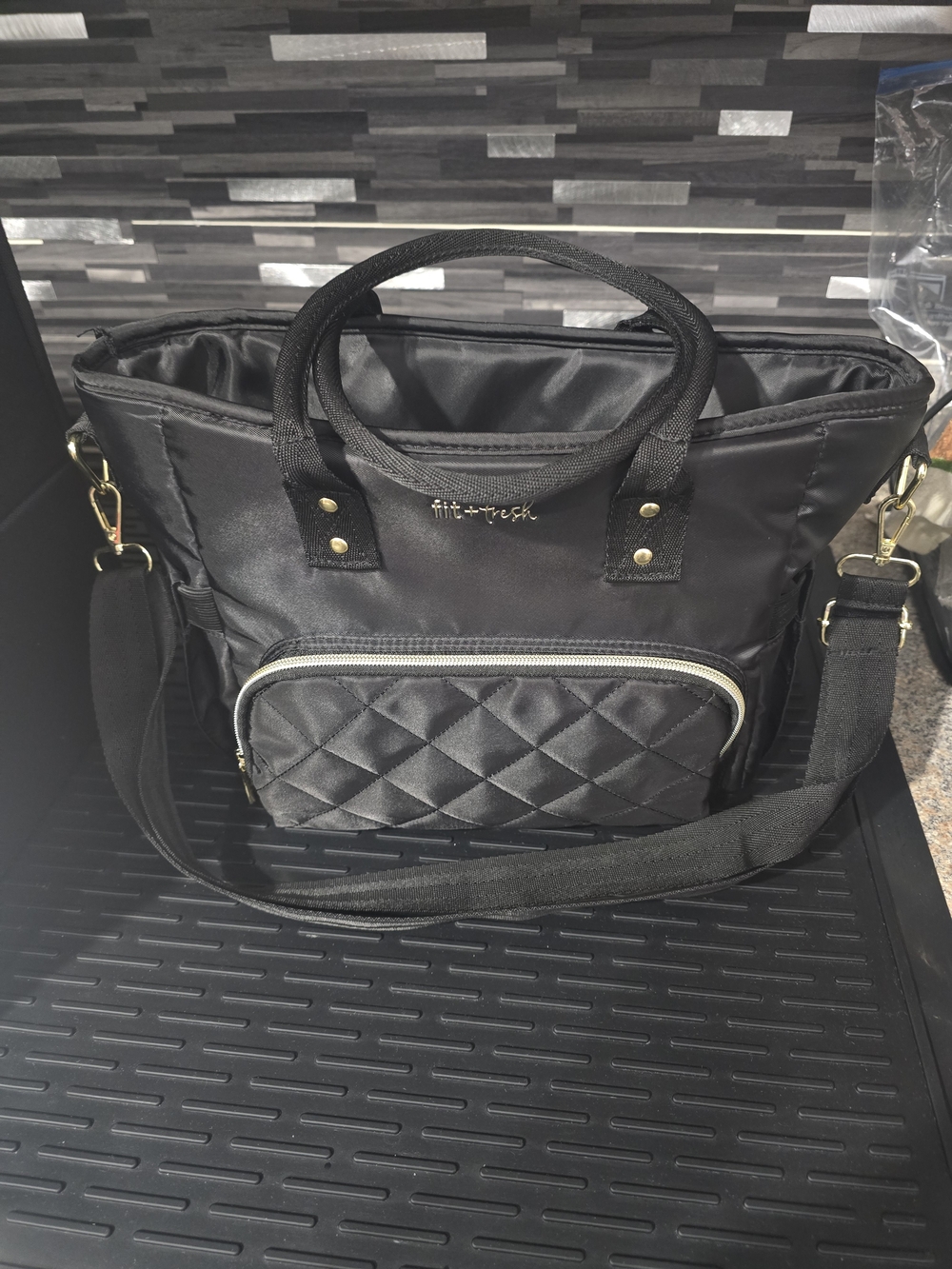 Fit & Fresh Black Quilted Nylon Tote with Detachable Strap